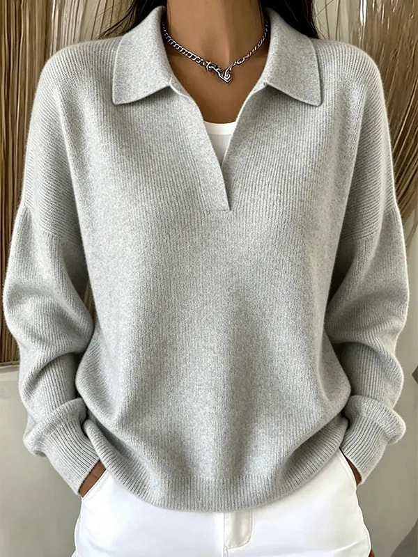 Ribbed Knit Polo Sweater with Collar, Loose V-Neck Pullover, Casual Slimming Fit