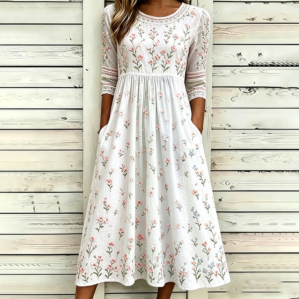 Women's Leaf Floral Butterfly Print Pleated Midi Dress