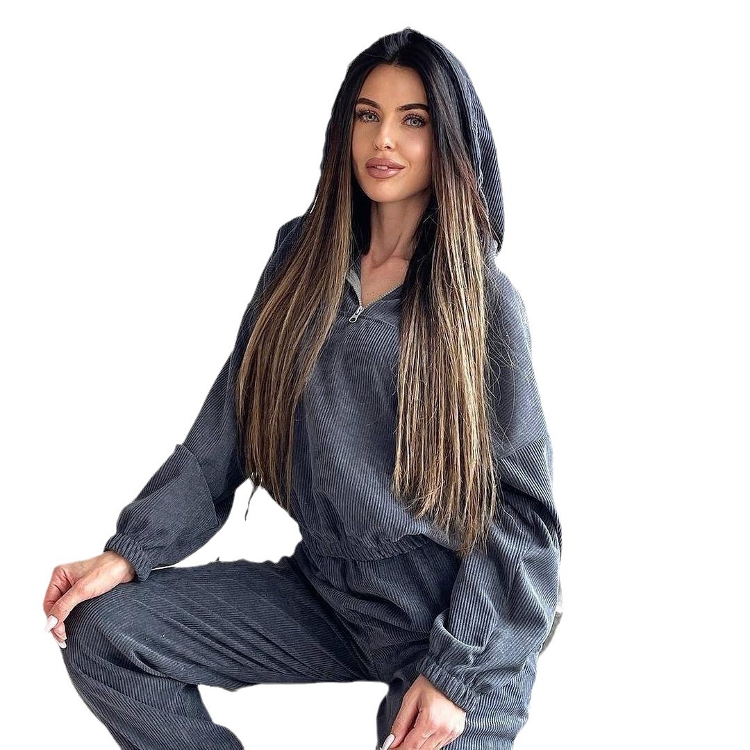 Women's Long Sleeve Hooded Zip Two-Piece Pant Set