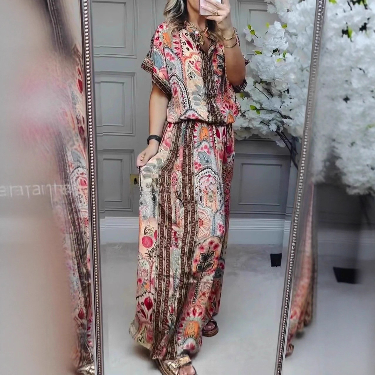 Women's Casual Print Button-Front Cardigan Top & Wide-Leg Pants Two-Piece Set
