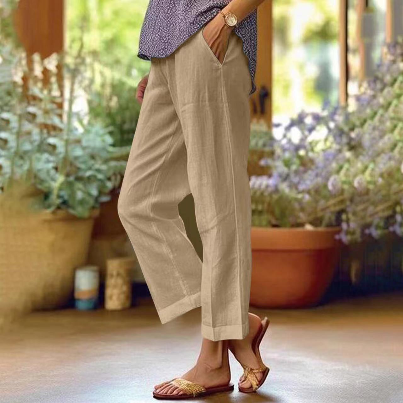 Women's Cotton-Linen Loose Straight-Leg Pants with Elastic Waist and Pockets