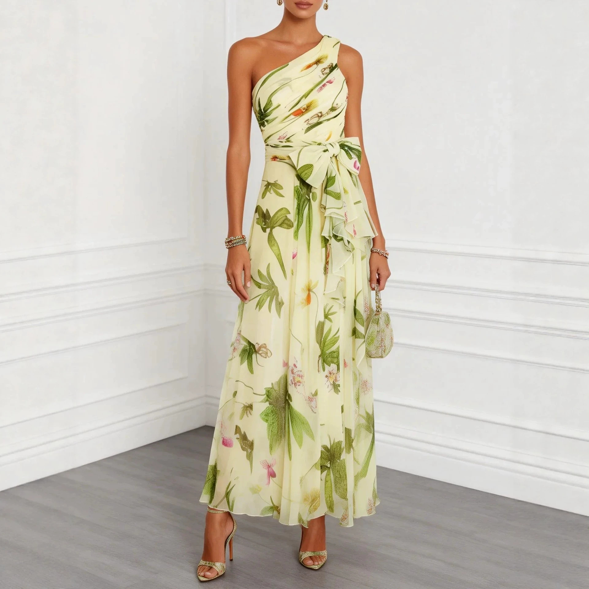 Floral Print One-Shoulder Chiffon Maxi Dress with Tie Waist