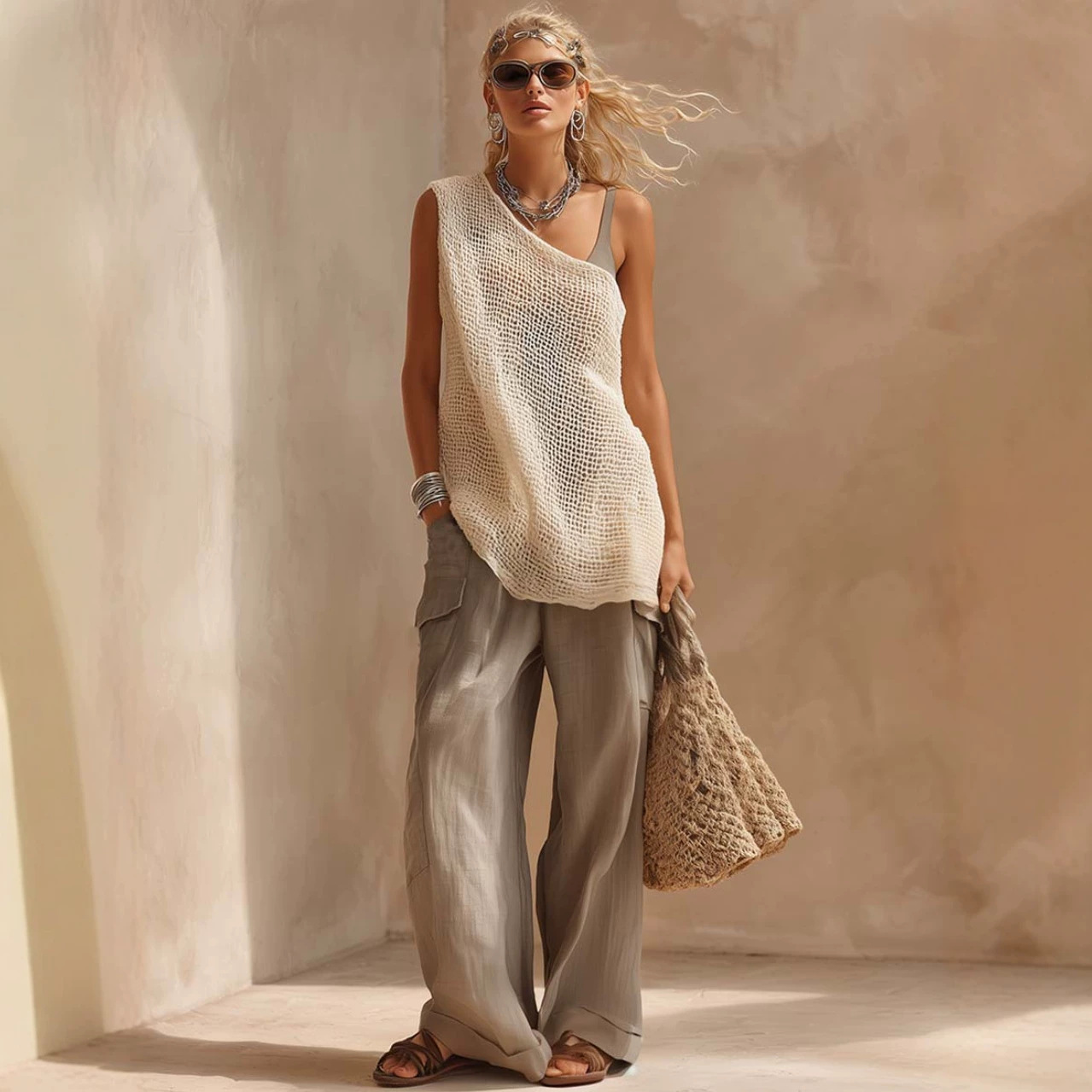 One-Shoulder Cutout Knit Top with Gray Tank and Cotton-Linen Jumpsuit Two-Piece Set