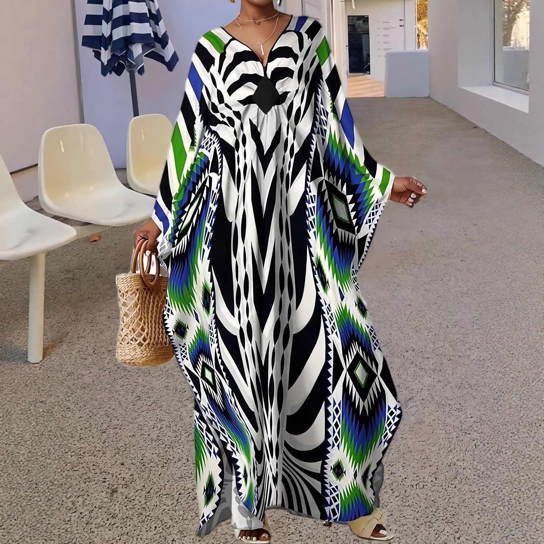 Women's Loose V-Neck Printed Long Sleeve Maxi Robe