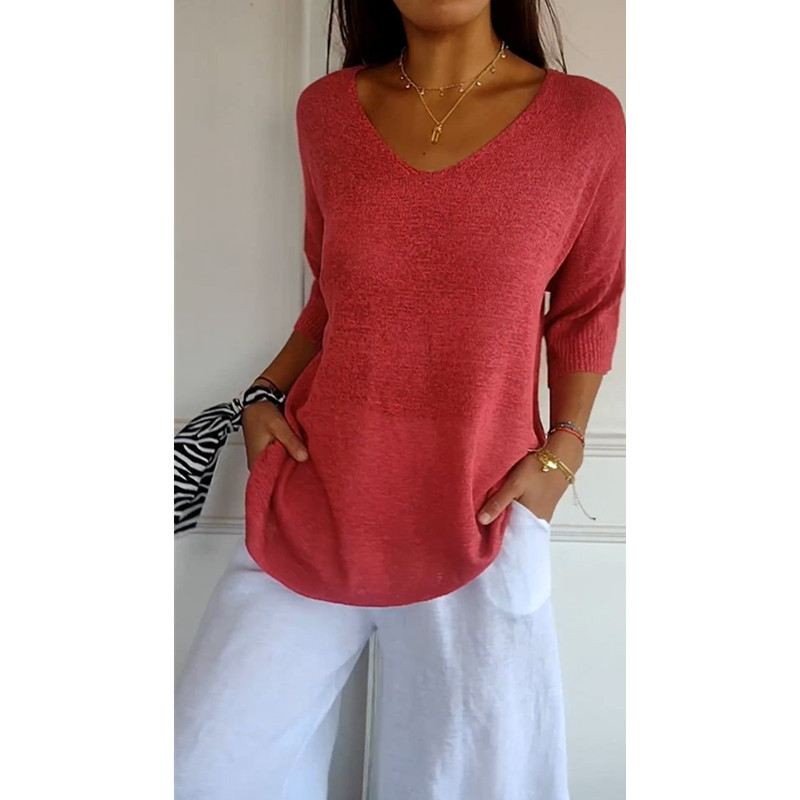 Women's V-Neck 3/4 Sleeve Solid Knit Top Slimming Casual Pullover