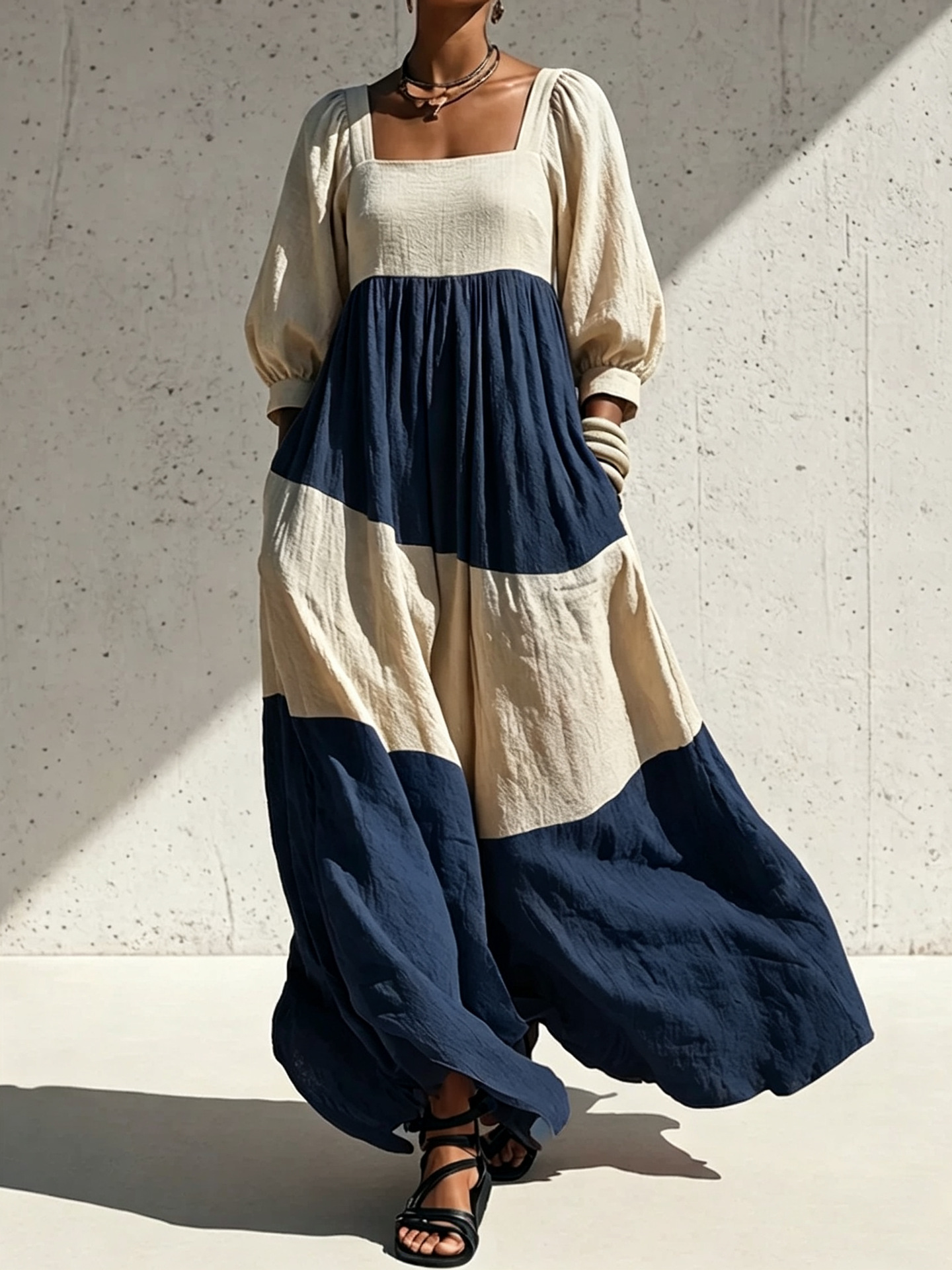 Color-Block Square-Neck Long Sleeve Cotton-Linen Dress