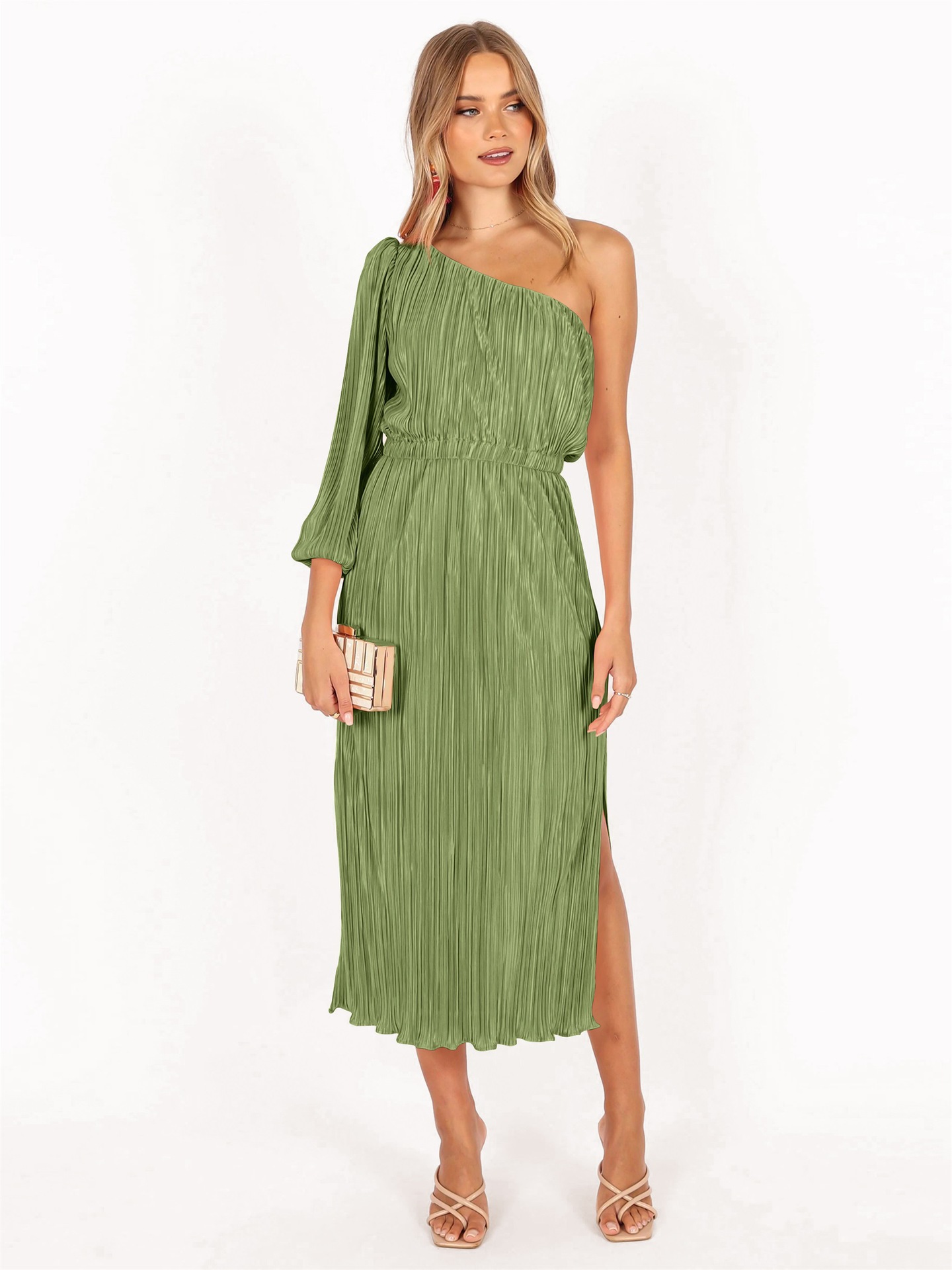 Sexy One-Shoulder Midi Dress with Slit and High Waist