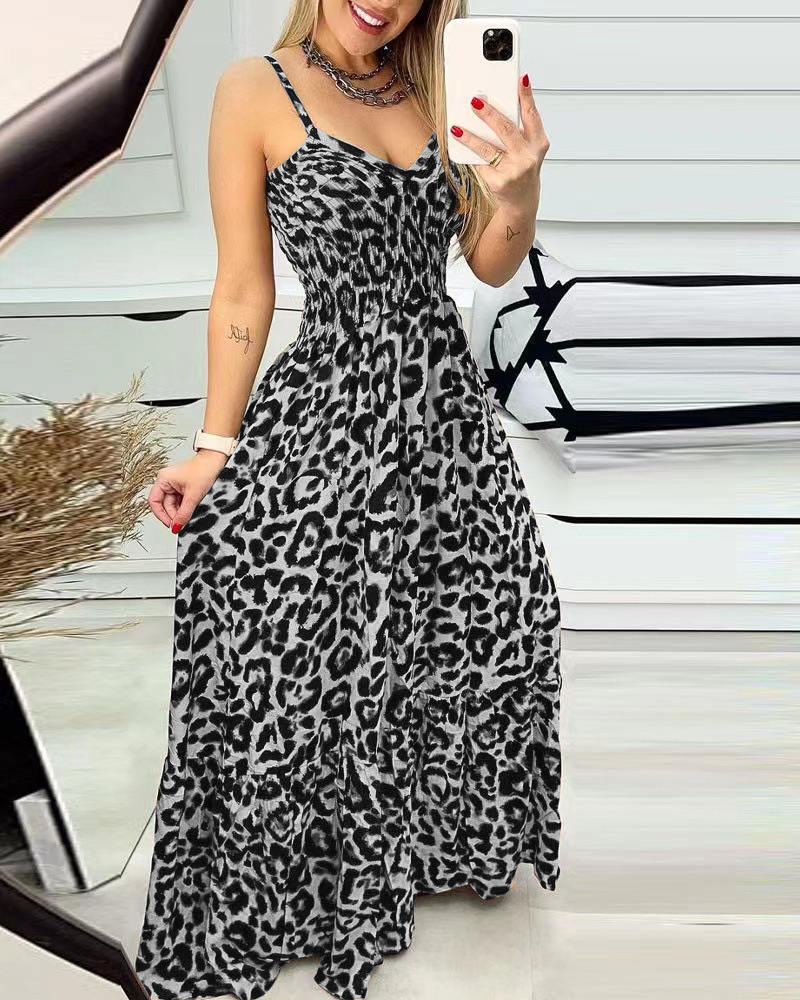 Leopard Print V-Neck Cami Maxi Dress High Waist Sexy