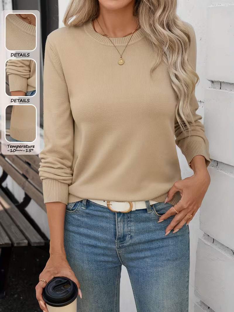 Women's Soft Stretch Crewneck Long-Sleeve Knit Top Solid Color