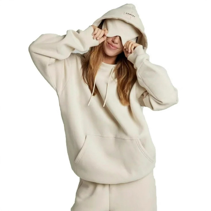 Built-in Eye Mask Hoodie Solid Color Pullover Long Sleeve Sweatshirt Set