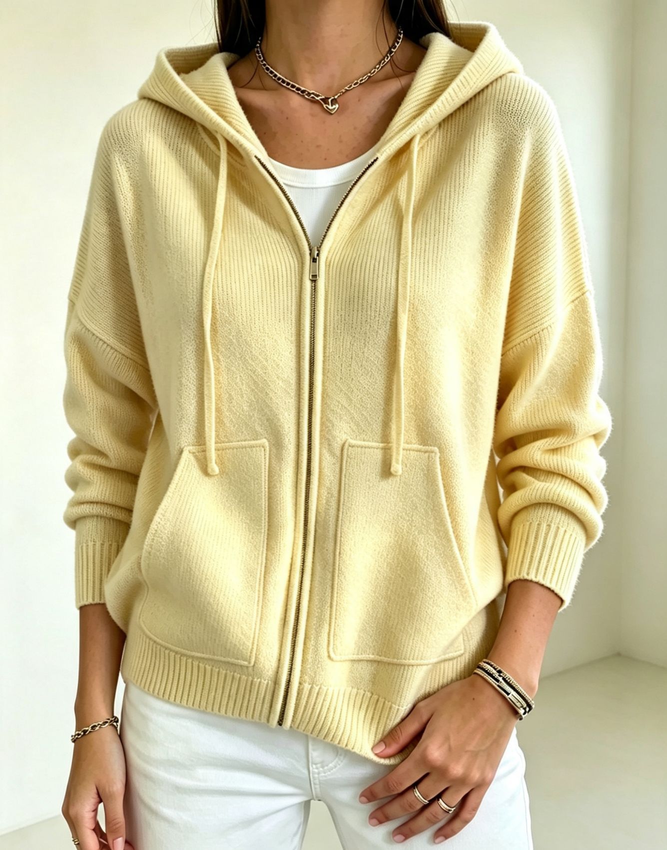 Women's Solid Hooded Zip-Up Knit Cardigan Loose Fit