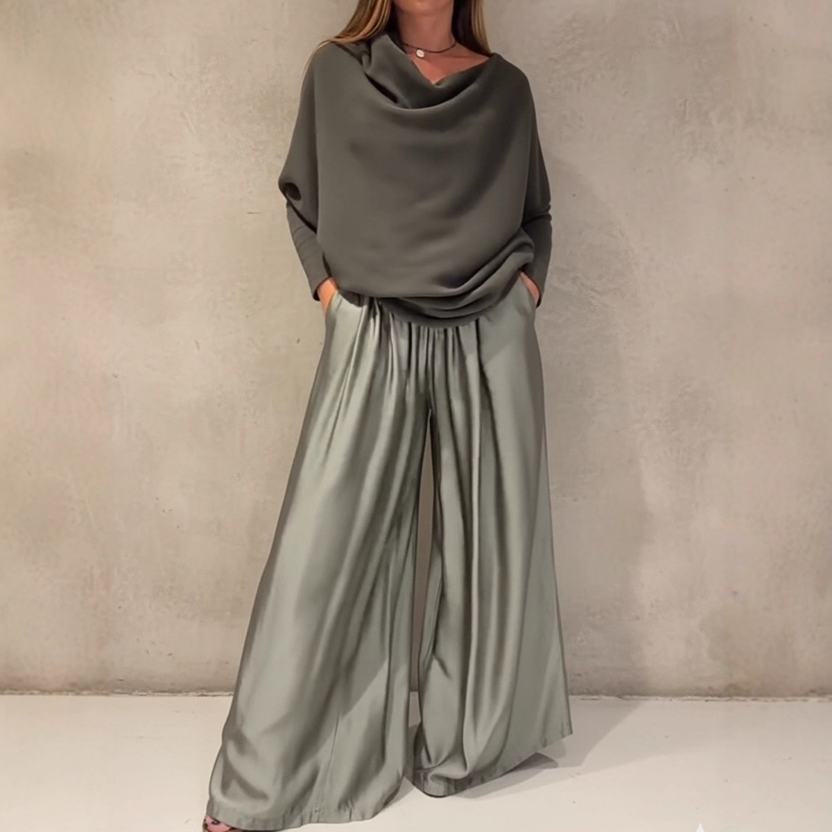 Elegant Off-Shoulder Top and Satin Wide-Leg Pants Two-Piece Set