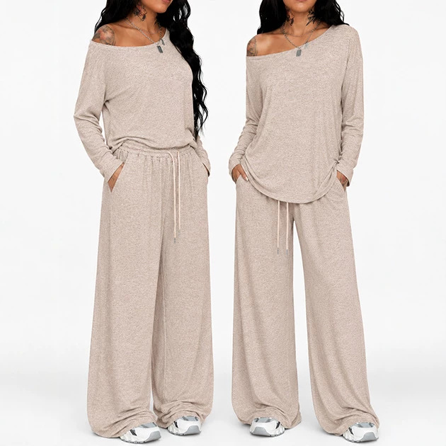 Women's Oblique Neck Wide Leg Pants Set Solid Color Casual Two Piece