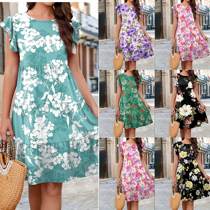 Floral Print Tiered Cake Dress with Flutter Sleeves