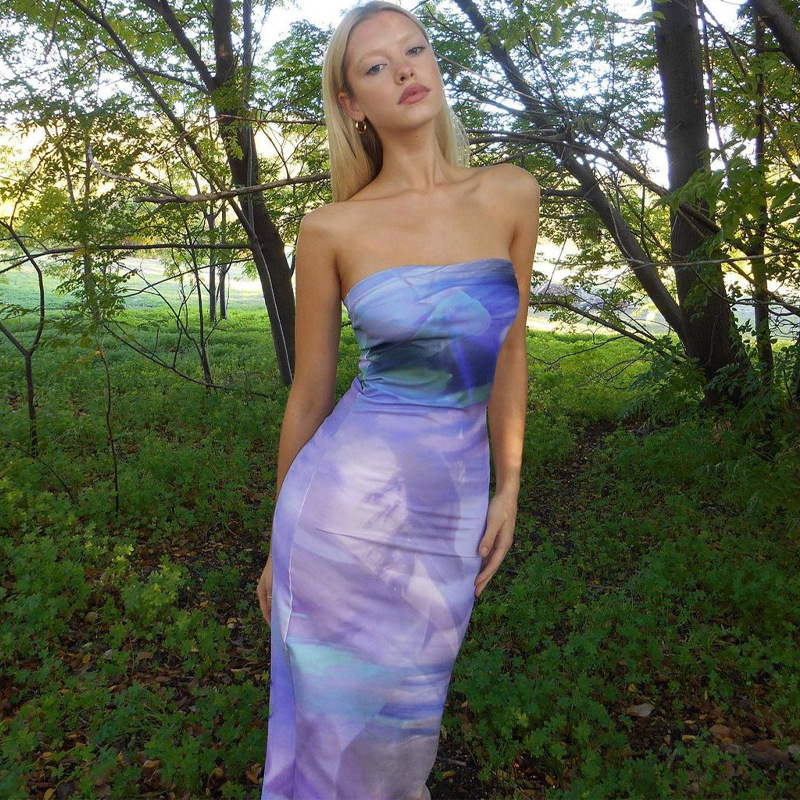 Women's Floral Print Strapless Open-Back Bodycon Midi Dress