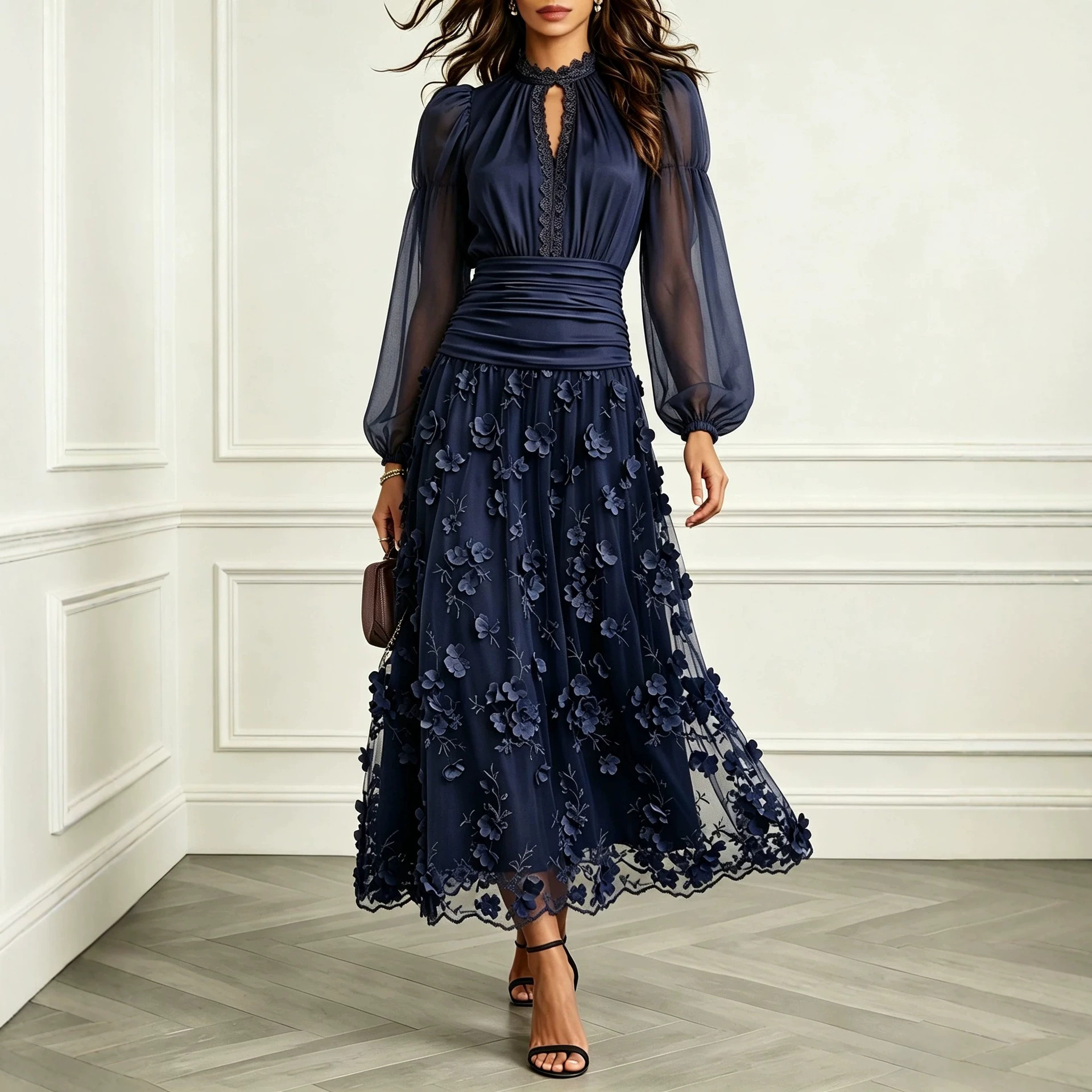 Navy Blue Mesh 3D Floral Long Dress with Stand Collar and Puff Sleeves