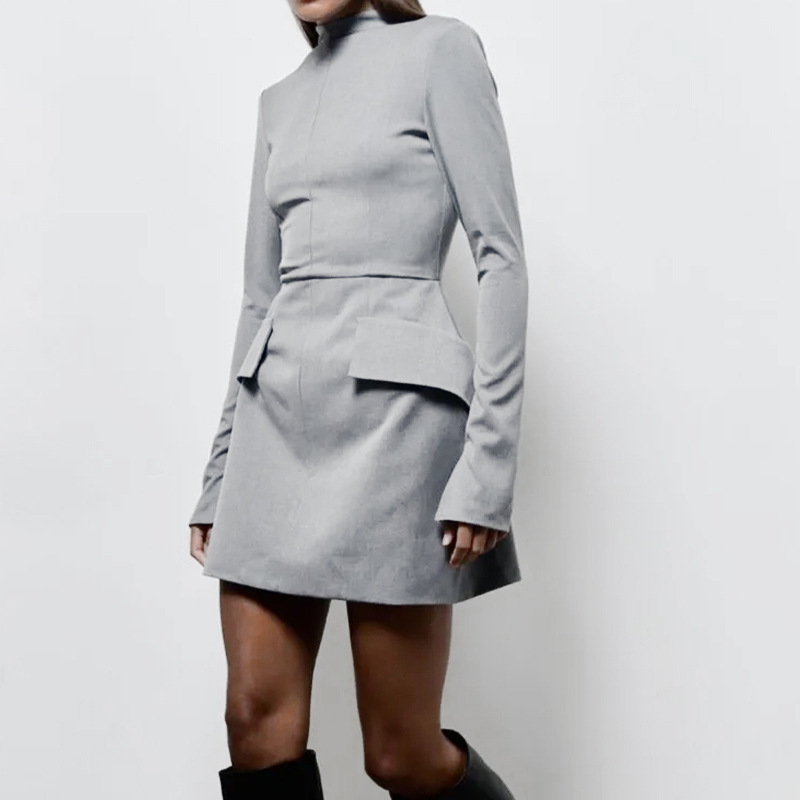 Women's Long Sleeve Bodycon Dress Round Neck Ruffle Trim
