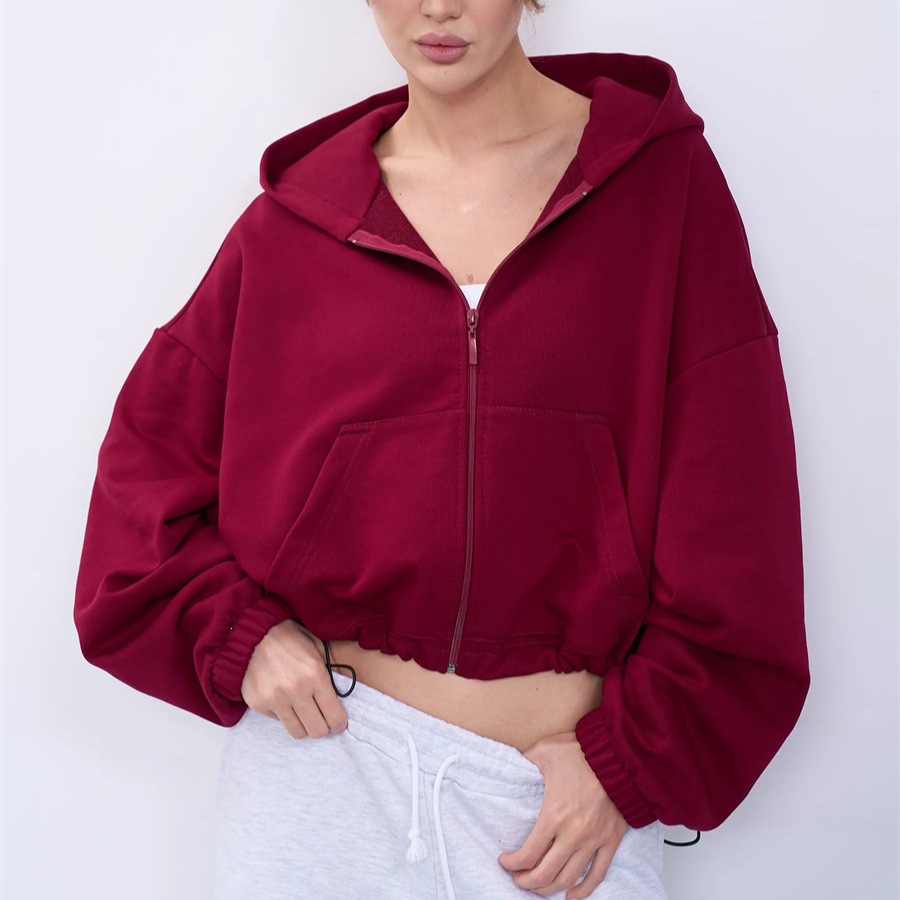 Women's Solid Color Hooded Zip-Up Waist-Cinching Short Jacket