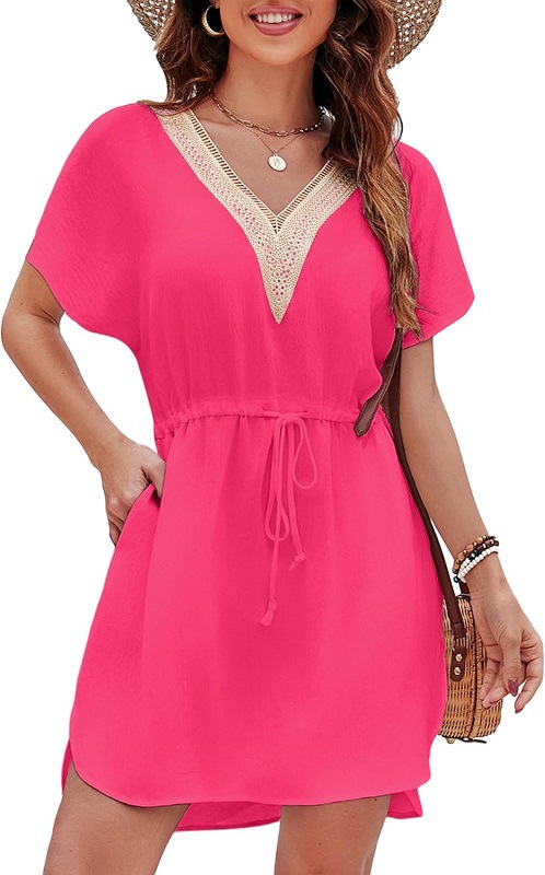 Women's V-Neck Lace-Trim Smocked Waist Cover-Up Dress
