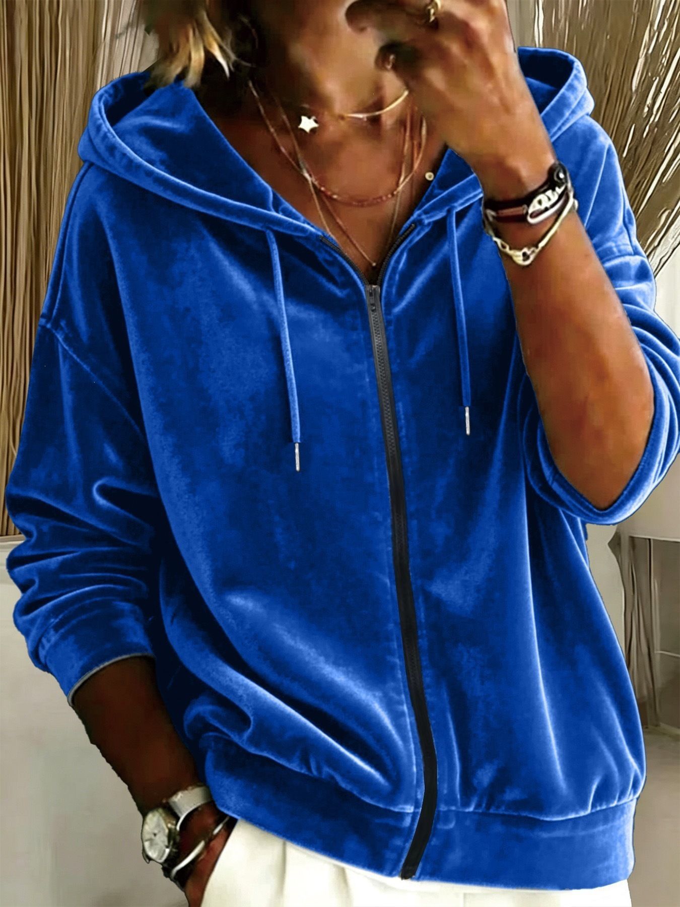Hooded Solid Velvet Zip-Up Loose Fit Sweatshirt
