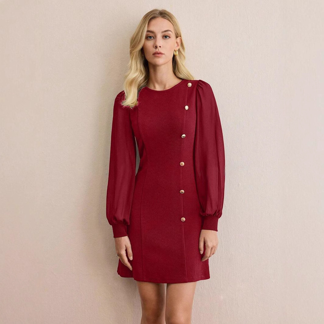Women's Round Neck Button-Trim Slim Fit Solid Long Sleeve Dress