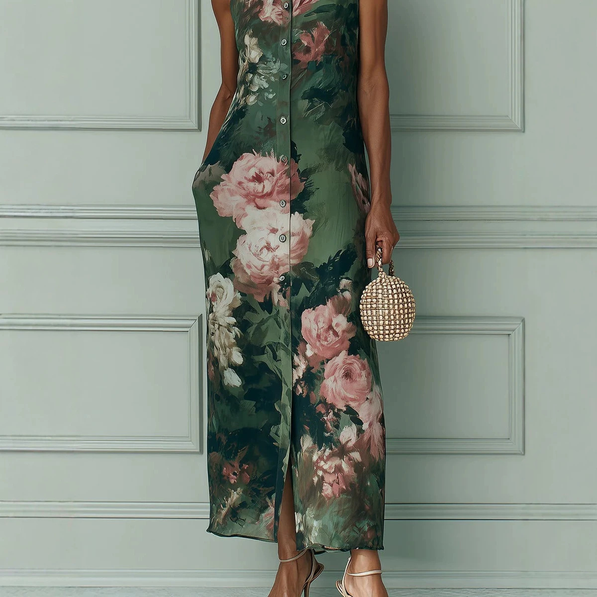 Vintage Dark Green Oil Painting Floral Halter Sleeveless Dress Button Slit Long