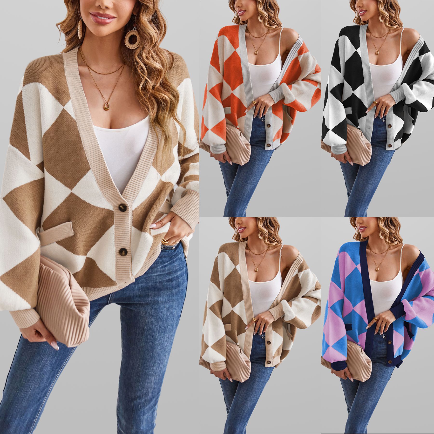 V-Neck Argyle Color-Block Loose Knit Cardigan