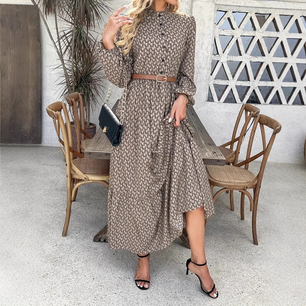 Elegant A-Line Long Dress with Geometric Print, Button Neck, Lantern Sleeves, High Waist, Acetate Satin