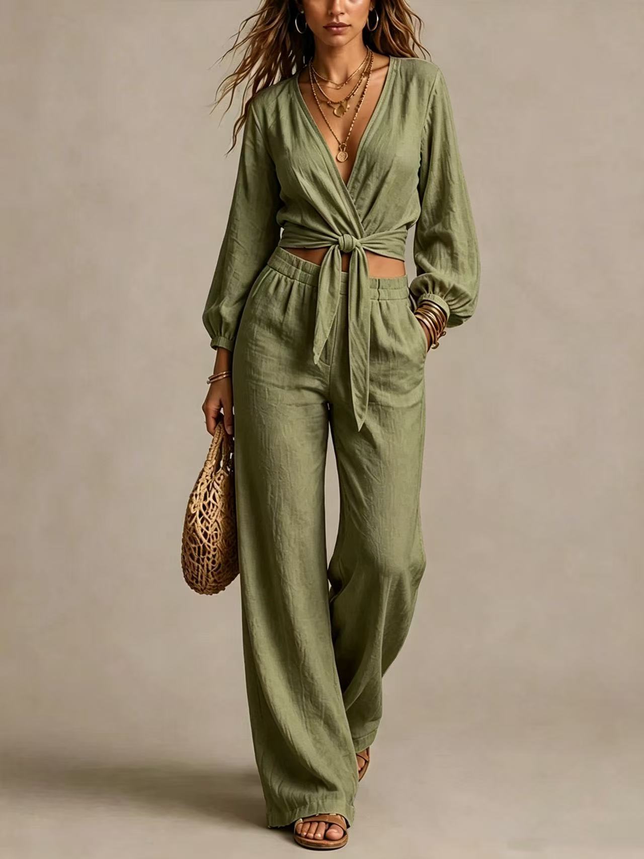 Women's V-Neck Tie-Waist Casual Pant Set