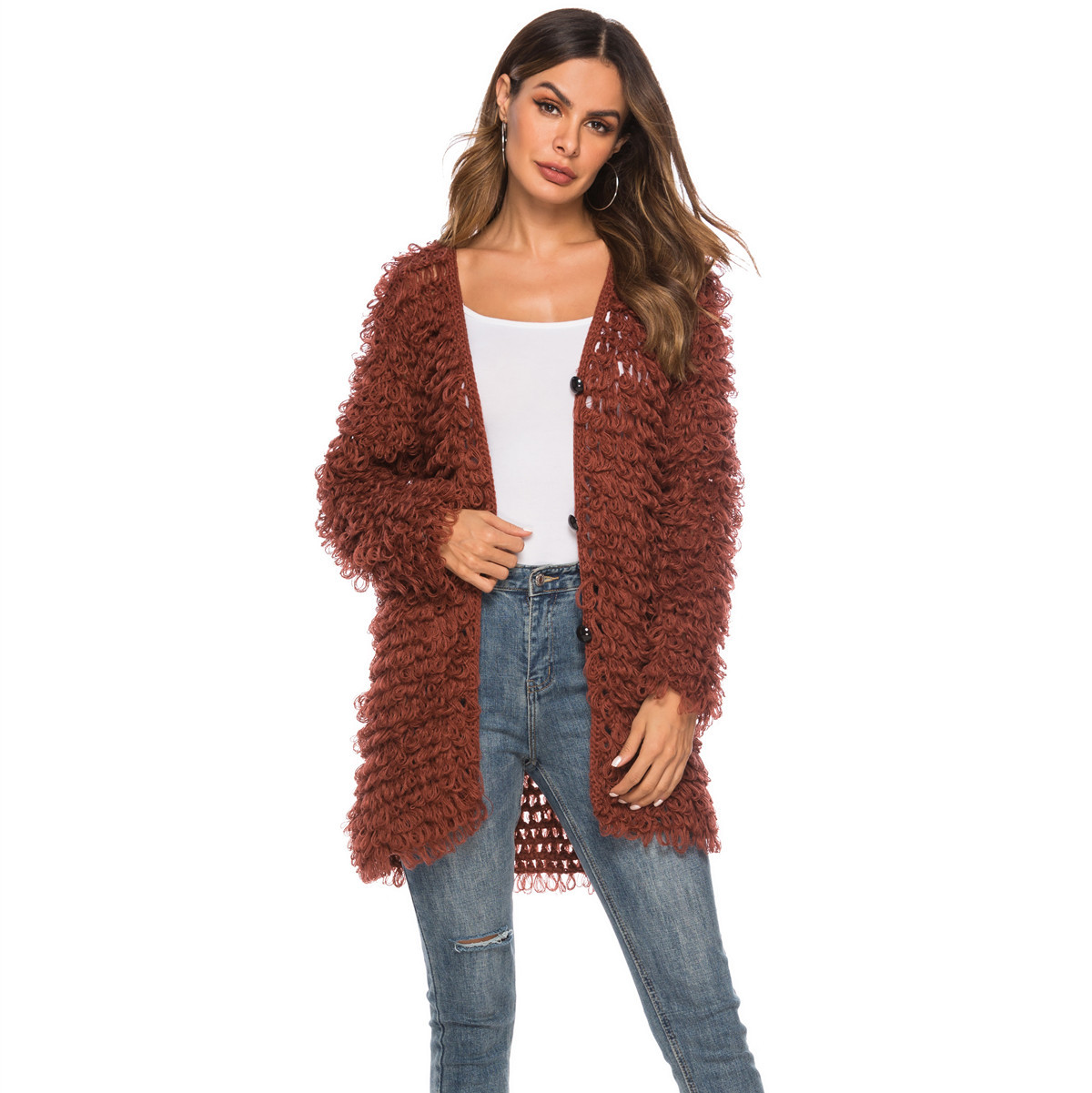 Hand-Crochet Loop Yarn V-Neck Midi Cardigan Sweater Coat for Women