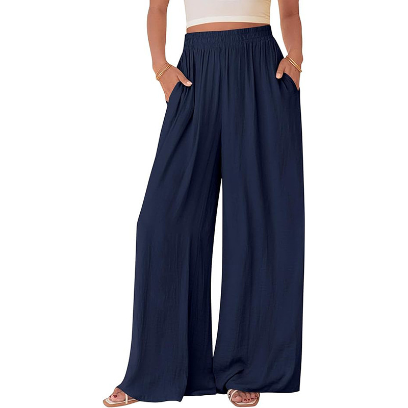 Women's Wide-Leg Casual Pants Solid Color Loose High-Waist Straight with Pockets