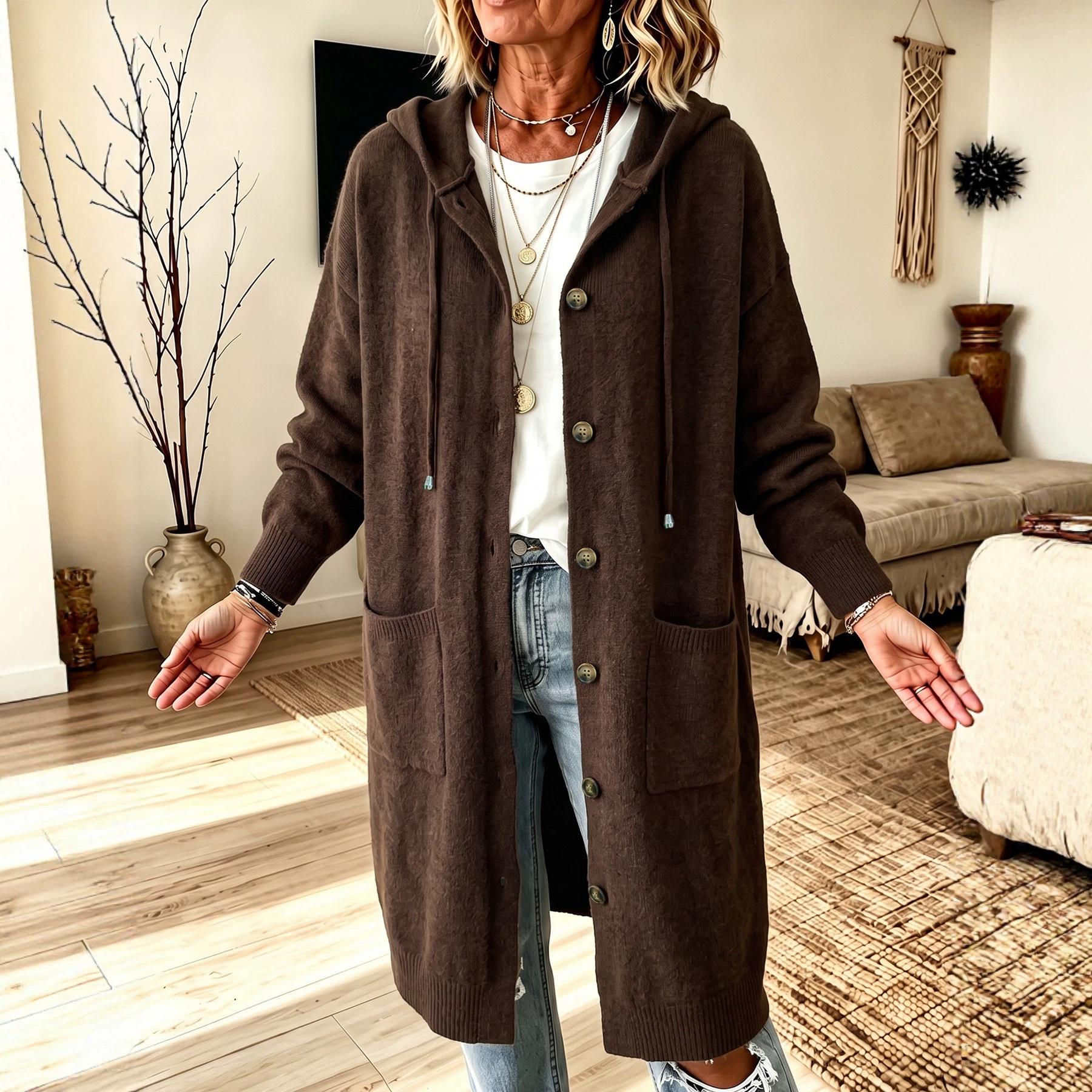 Women's Solid Hooded Knit Cardigan Drawstring Button Pockets Loose Long Sleeve Soft