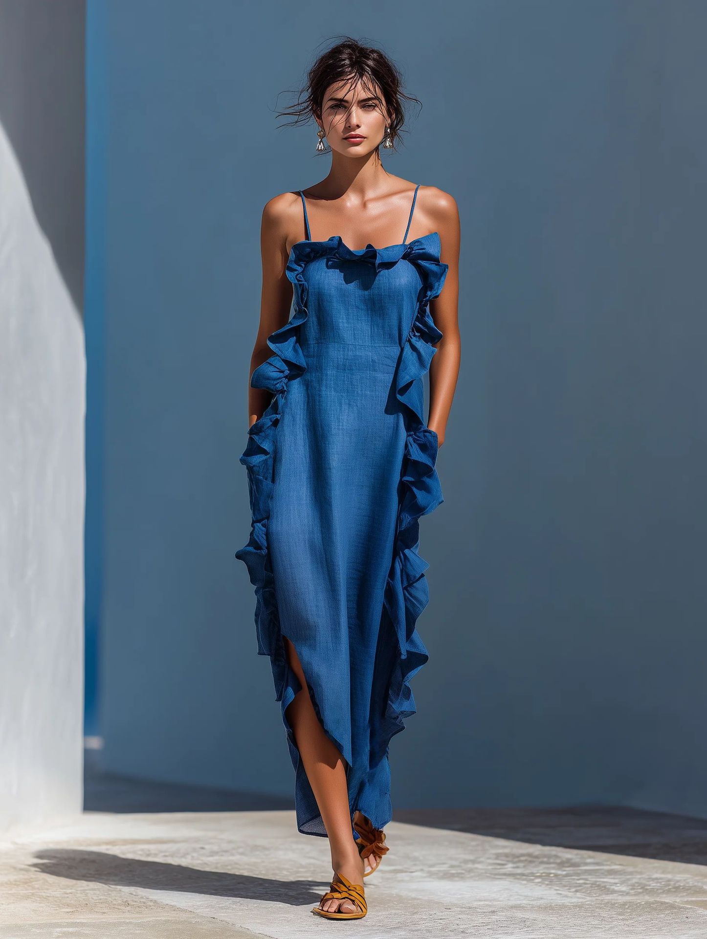 Ruffled Sleeveless Halter Maxi Dress