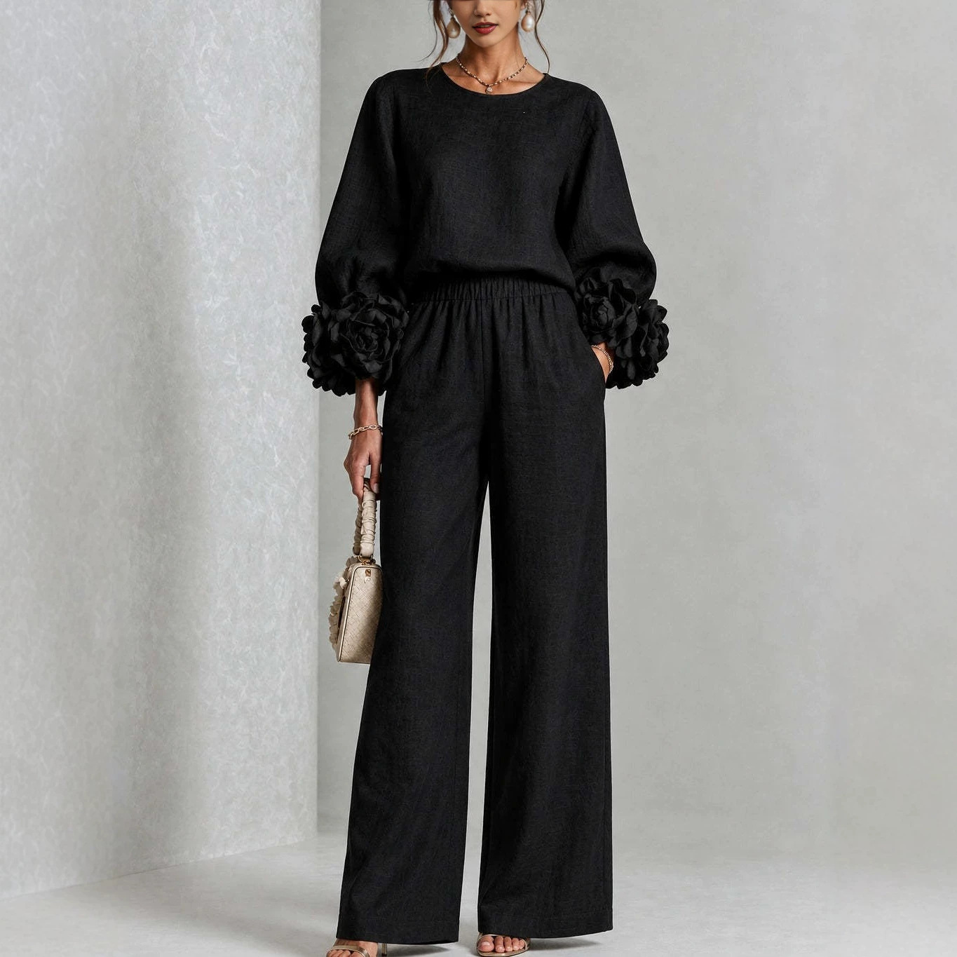 Rose Cuff Lantern Sleeve Top & High-Waist Wide-Leg Pants Set