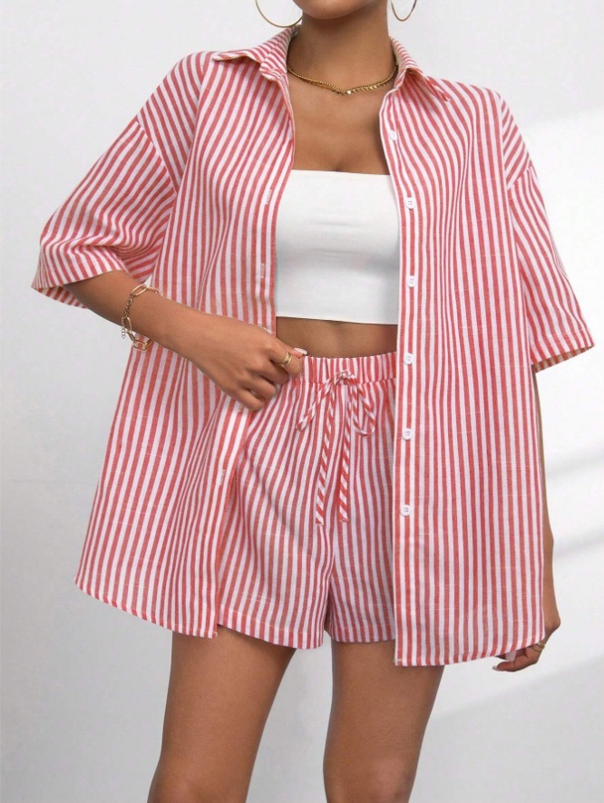 Women's Striped Short Sleeve Two-Piece Set with Collar