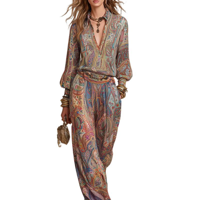 Women's Deep V-Neck Wide-Leg Pants Set Casual Two-Piece Outfit