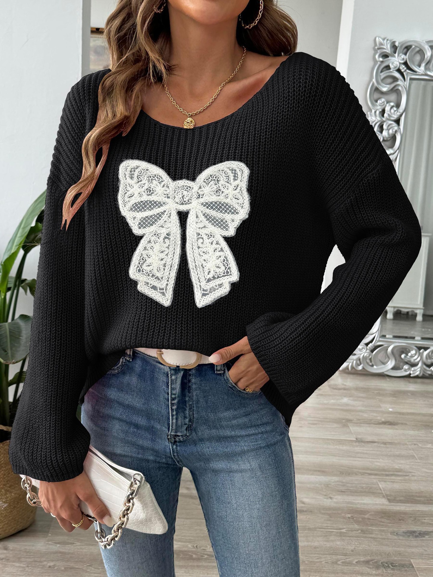 Women's Bow Embroidered Off-Shoulder Bell Sleeve Sweater