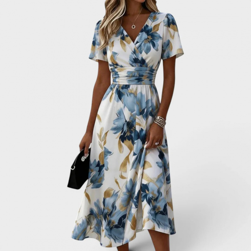3D Print Short Sleeve V-Neck A-Line Midi Dress