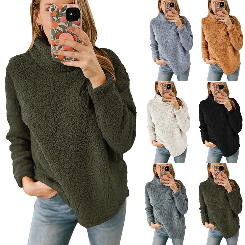 Women's Fuzzy High-Neck Pullover Sweatshirt Solid Color Plush Top