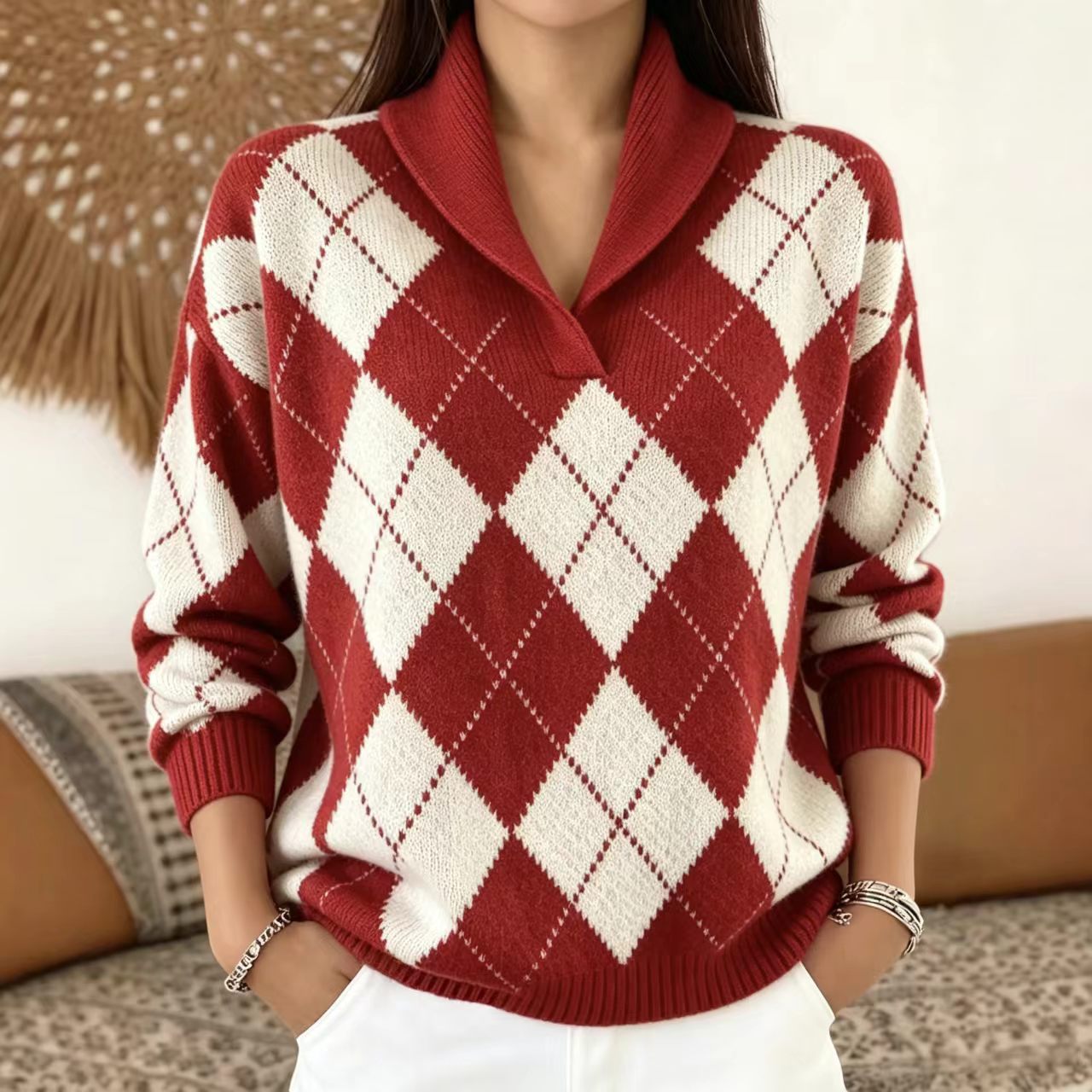 Women's V-Neck Diamond Plaid Pullover Sweater