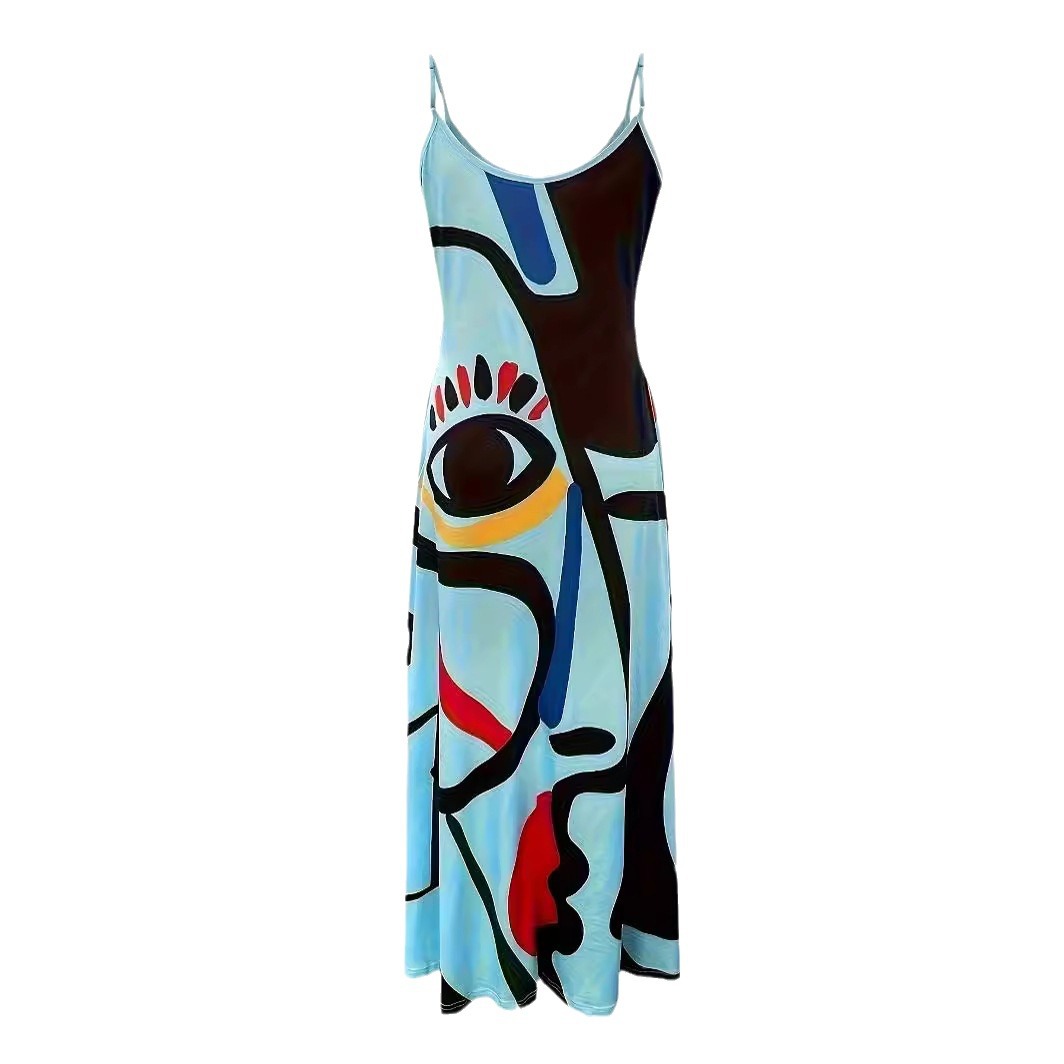 Abstract Face Print Sleeveless Maxi Dress