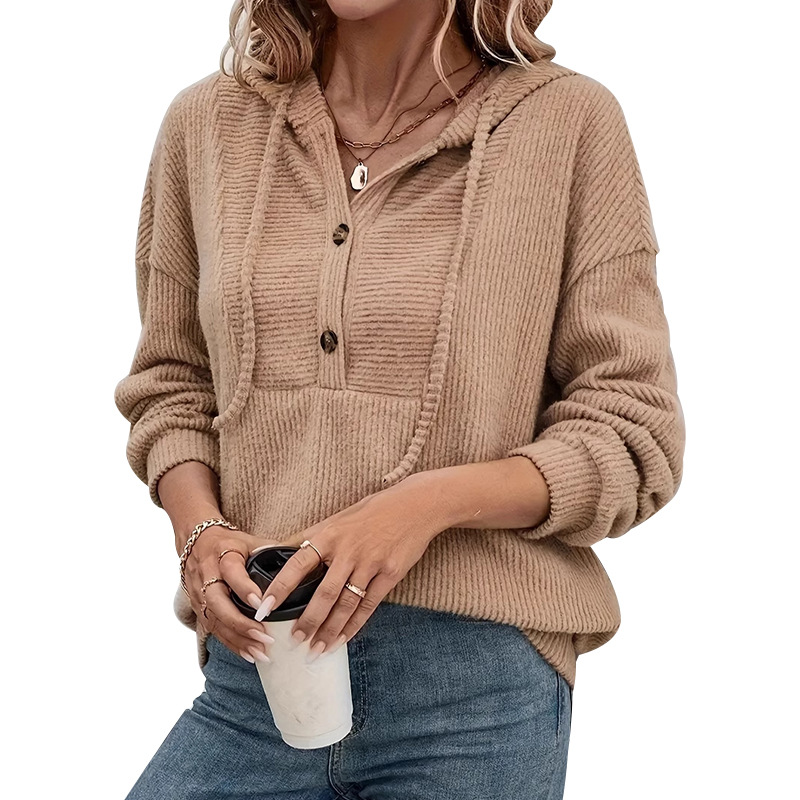 Ribbed Knit Hooded Long-Sleeve Pullover Sweatshirt