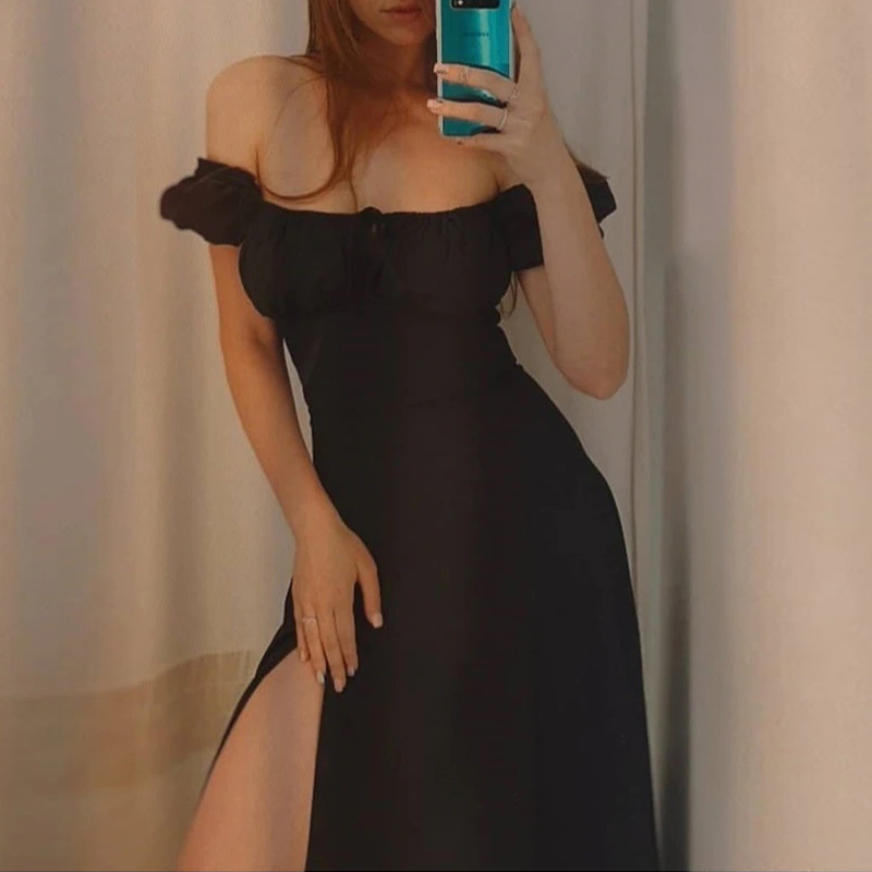 Women's Off-Shoulder High-Slit Midi Dress with Bubble Sleeves