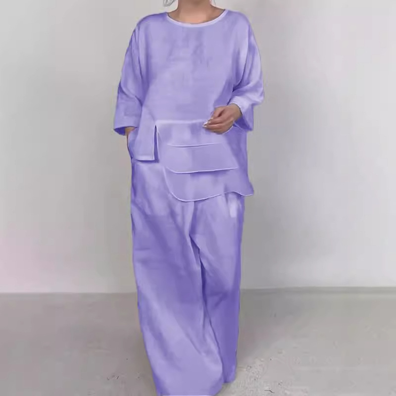 Crewneck Satin Layered Top & Wide-Leg Pants Set