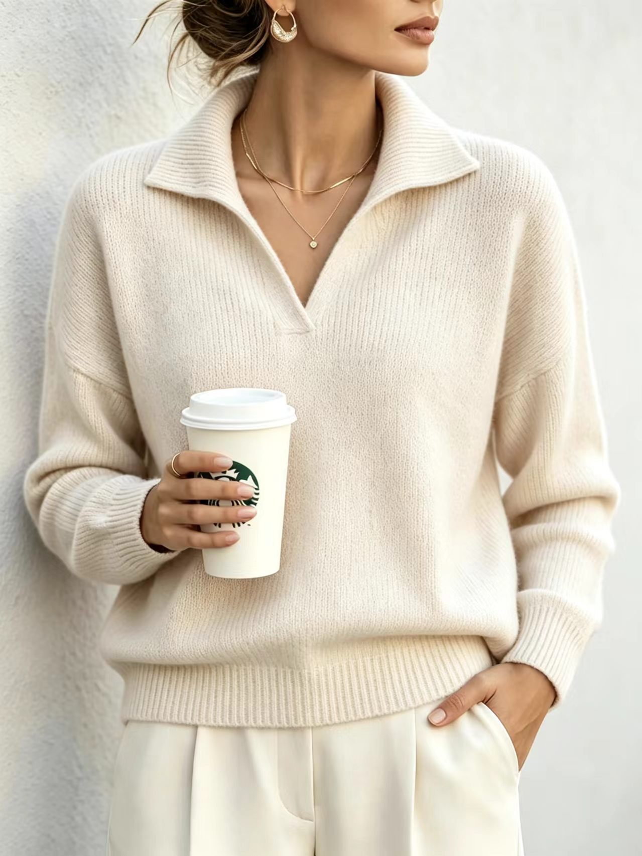 V-Neck Pullover Sweater Top Elegant Commuter Style Women's