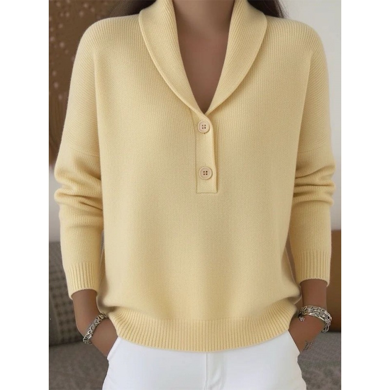 Women's Knit Button Polo Sweater Solid Color Casual Loose Fit Long Sleeve