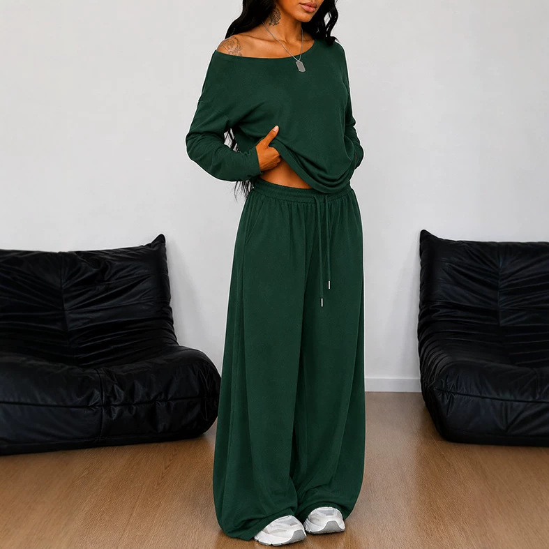 Women's Casual Loungewear Set Long Sleeve Top & Wide Leg Pants