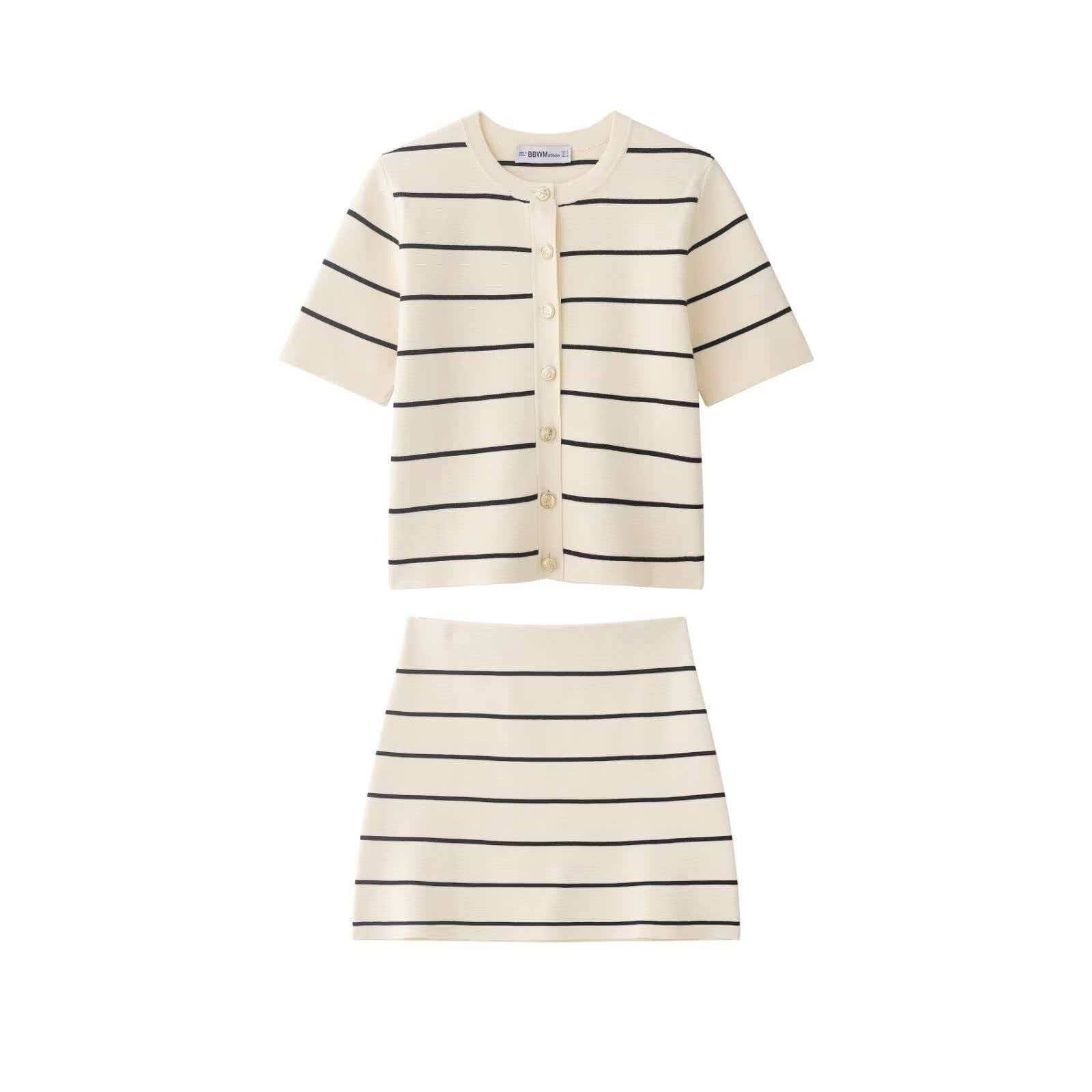 Striped Short Sleeve Knit Cardigan and Mini Skirt Set