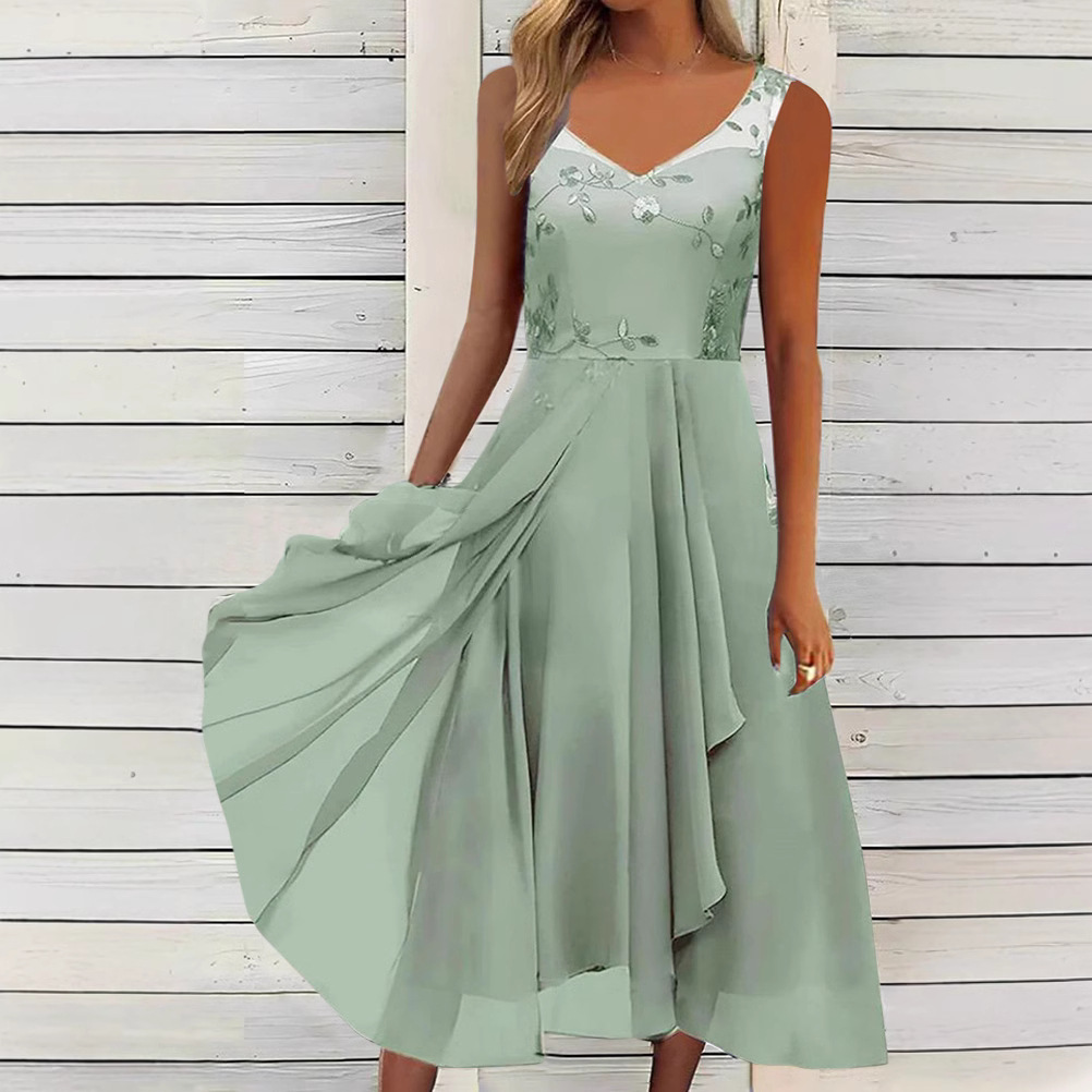 Sleeveless Chiffon Dress with Mesh Lace Panels and High-Low Hem
