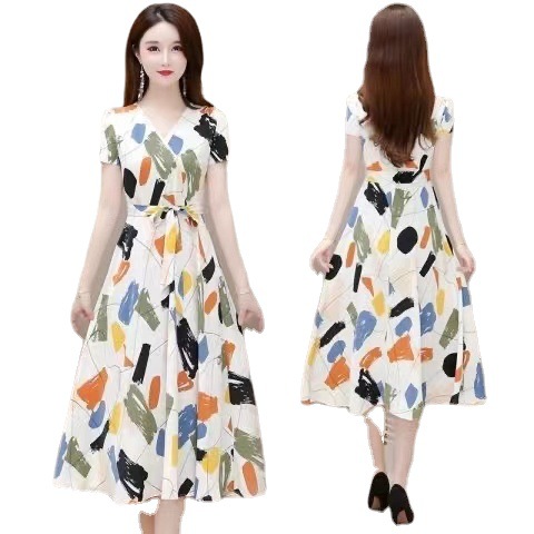 Women's Floral A-Line Midi Dress V-Neck Short Sleeve Slimming Casual